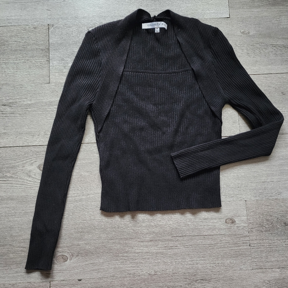 Celebrity Pink Women's Size M Shrug Knit Black Cropped Ribbed Sweater Top